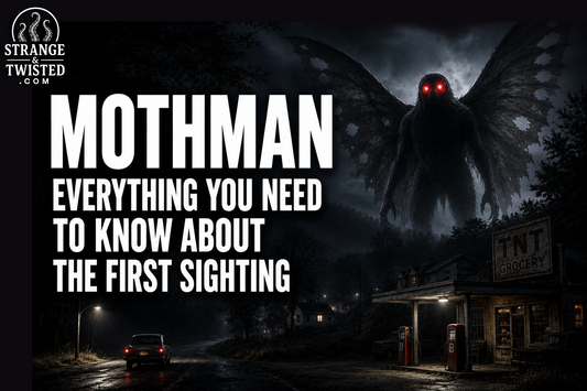 Cinematic cryptid horror banner featuring the text “MOTHMAN EVERYTHING YOU NEED TO KNOW ABOUT THE FIRST SIGHTING” with a giant red-eyed Mothman towering above a dark rural roadside and eerie gas station.