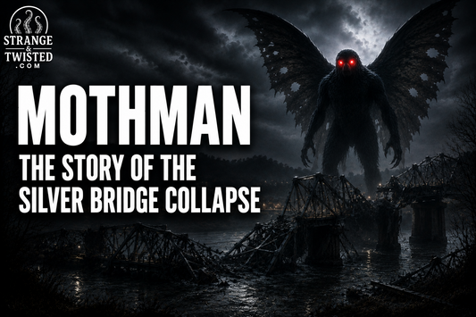 Cinematic cryptid horror banner featuring the text “MOTHMAN THE STORY OF THE SILVER BRIDGE COLLAPSE” with a giant red-eyed Mothman standing over the shattered Silver Bridge during a stormy night.