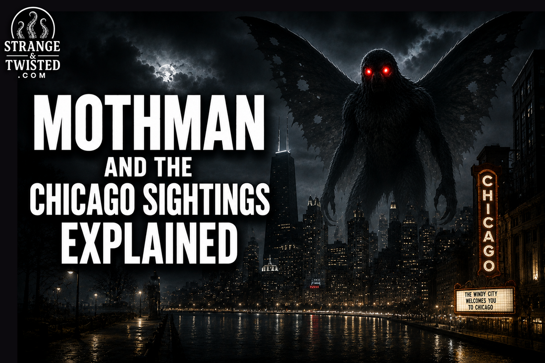 Cinematic cryptid horror banner featuring the text “MOTHMAN AND THE CHICAGO SIGHTINGS EXPLAINED” with a giant red-eyed Mothman towering over the Chicago skyline at night.