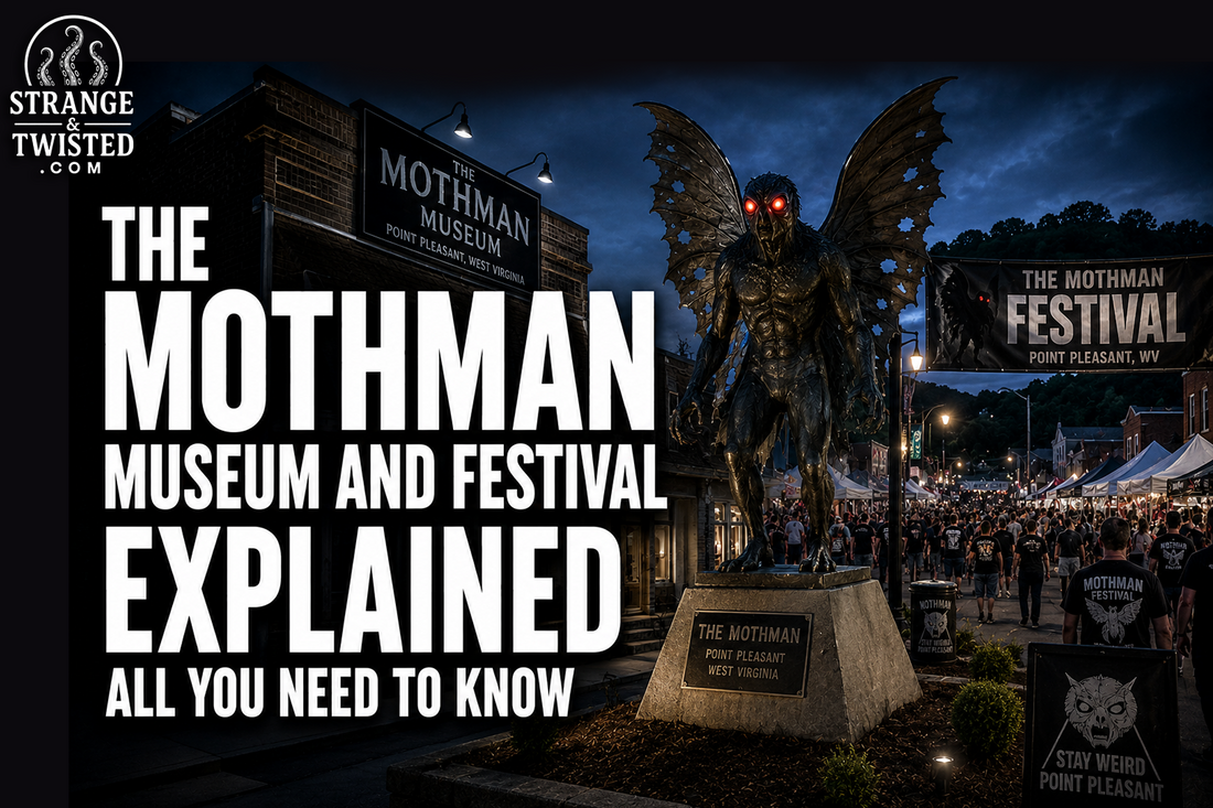 Cinematic cryptid festival banner featuring the text “THE MOTHMAN MUSEUM AND FESTIVAL EXPLAINED ALL YOU NEED TO KNOW” with the Mothman Museum, festival crowds, and glowing red-eyed Mothman statue in Point Pleasant.