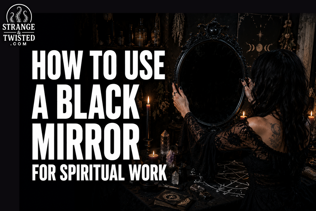 Realistic supernatural artwork featuring the text “HOW TO USE A BLACK MIRROR FOR SPIRITUAL WORK” with a gothic woman gazing into a black mirror during a spiritual ritual in a cinematic occult atmosphere.