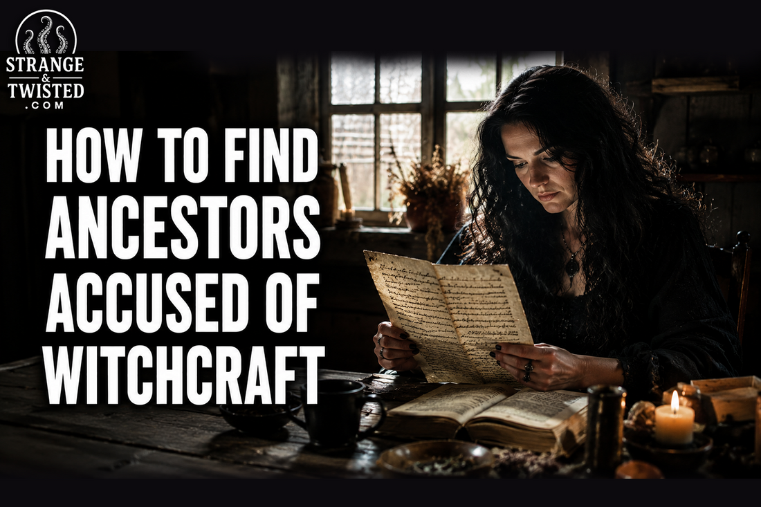 Realistic supernatural artwork featuring the text “HOW TO FIND ANCESTORS ACCUSED OF WITCHCRAFT” with a woman studying an old scroll surrounded by candles, antique books, and cinematic witchcraft atmosphere.