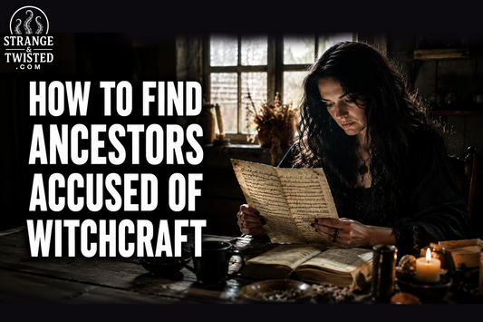 Realistic supernatural artwork featuring the text “HOW TO FIND ANCESTORS ACCUSED OF WITCHCRAFT” with a woman studying an old scroll surrounded by candles, antique books, and cinematic witchcraft atmosphere.