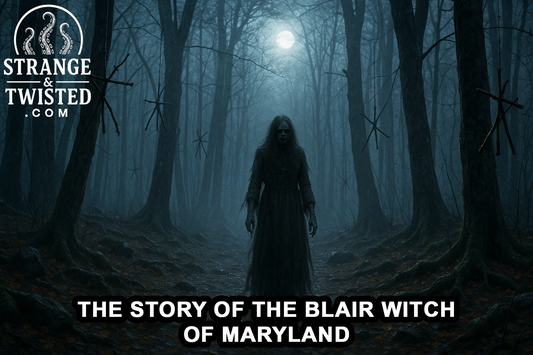 The Blair Witch stands in a foggy moonlit forest surrounded by hanging stick symbols and twisted trees, illuminated by soft light through the mist. By Strange & Twisted