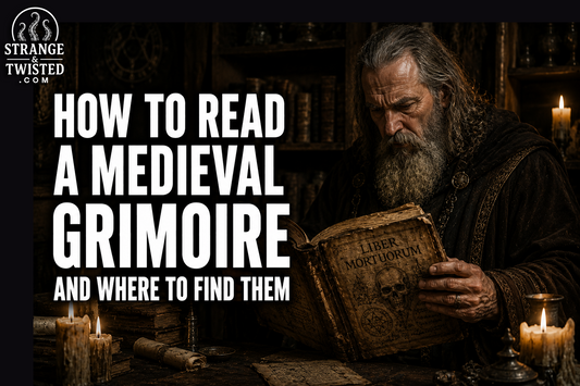 Dark gothic hero image showing the words “HOW TO READ A MEDIEVAL GRIMOIRE AND WHERE TO FIND THEM” beside an elderly medieval man studying a forbidden grimoire inside a candlelit library.