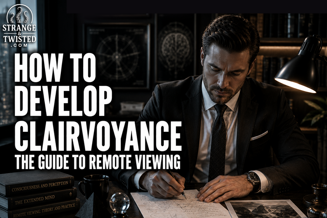 Dark psychic research hero image showing the words “HOW TO DEVELOP CLAIRVOYANCE THE GUIDE TO REMOTE VIEWING” beside a man practicing remote viewing in a moody study filled with occult research tools.