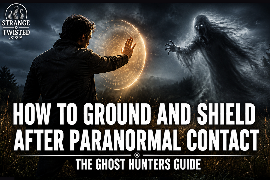 Cinematic paranormal protection banner featuring the text “HOW TO GROUND AND SHIELD AFTER PARANORMAL CONTACT THE GHOST HUNTERS GUIDE” with a man defending himself from a ghostly entity in a stormy field.