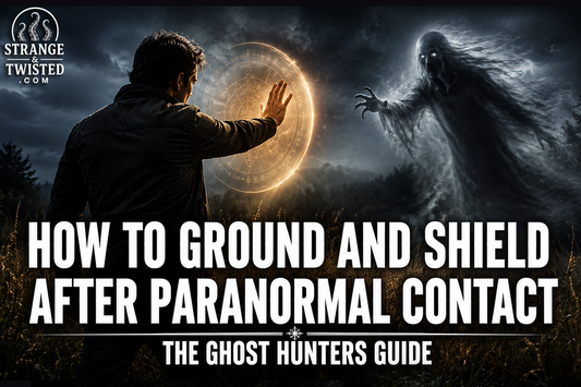 Cinematic paranormal protection banner featuring the text “HOW TO GROUND AND SHIELD AFTER PARANORMAL CONTACT THE GHOST HUNTERS GUIDE” with a man defending himself from a ghostly entity in a stormy field.