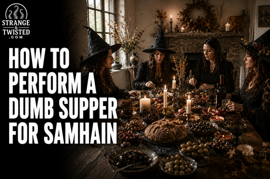 Photorealistic occult artwork featuring the text “HOW TO PERFORM A DUMB SUPPER FOR SAMHAIN” with witches seated at a ritual feast table inside a warm candlelit stone cottage atmosphere.