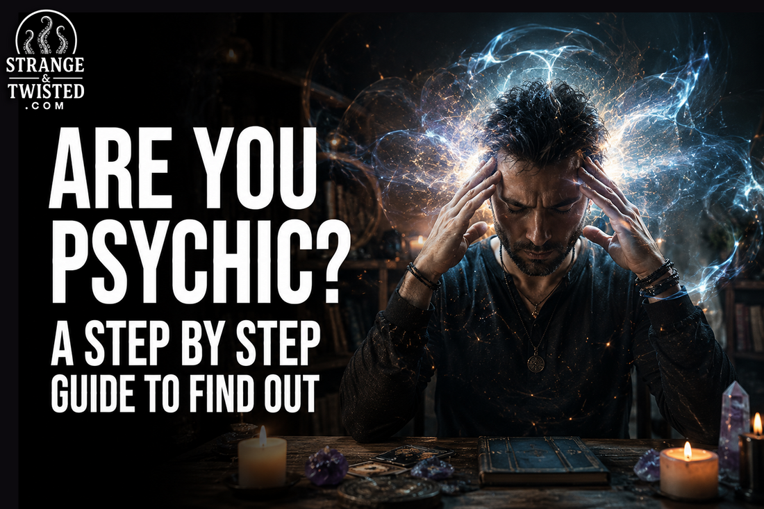 Cinematic paranormal banner featuring the text “ARE YOU PSYCHIC? A STEP BY STEP GUIDE TO FIND OUT” with a realistic man holding his head while displaying powerful psychic energy.