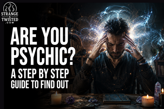 Cinematic paranormal banner featuring the text “ARE YOU PSYCHIC? A STEP BY STEP GUIDE TO FIND OUT” with a realistic man holding his head while displaying powerful psychic energy.