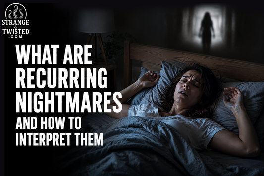 Cinematic nightmare horror banner featuring the text “WHAT ARE RECURRING NIGHTMARES AND HOW TO INTERPRET THEM” with a realistic woman lying awake in bed during a terrifying nightmare.