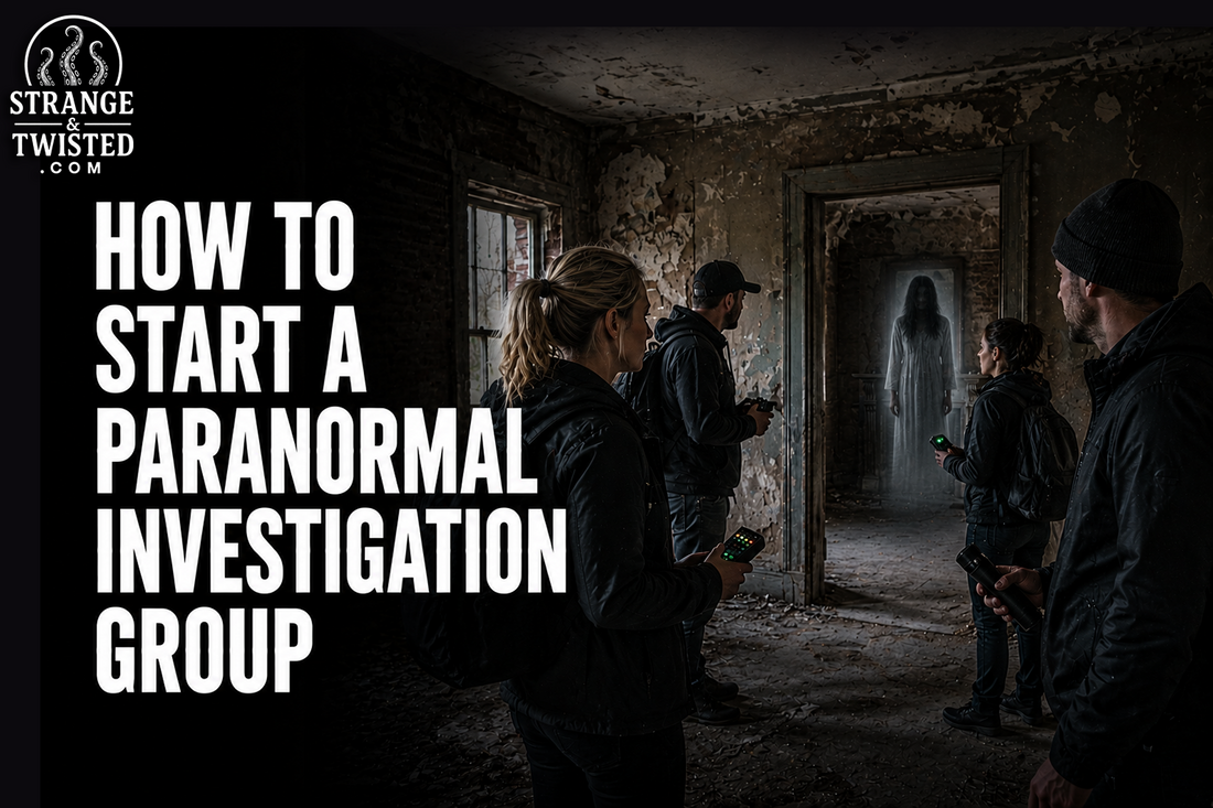Cinematic ghost hunting banner featuring the text “HOW TO START A PARANORMAL INVESTIGATION GROUP” with a realistic team of paranormal investigators confronting a ghostly figure in a haunted abandoned building.