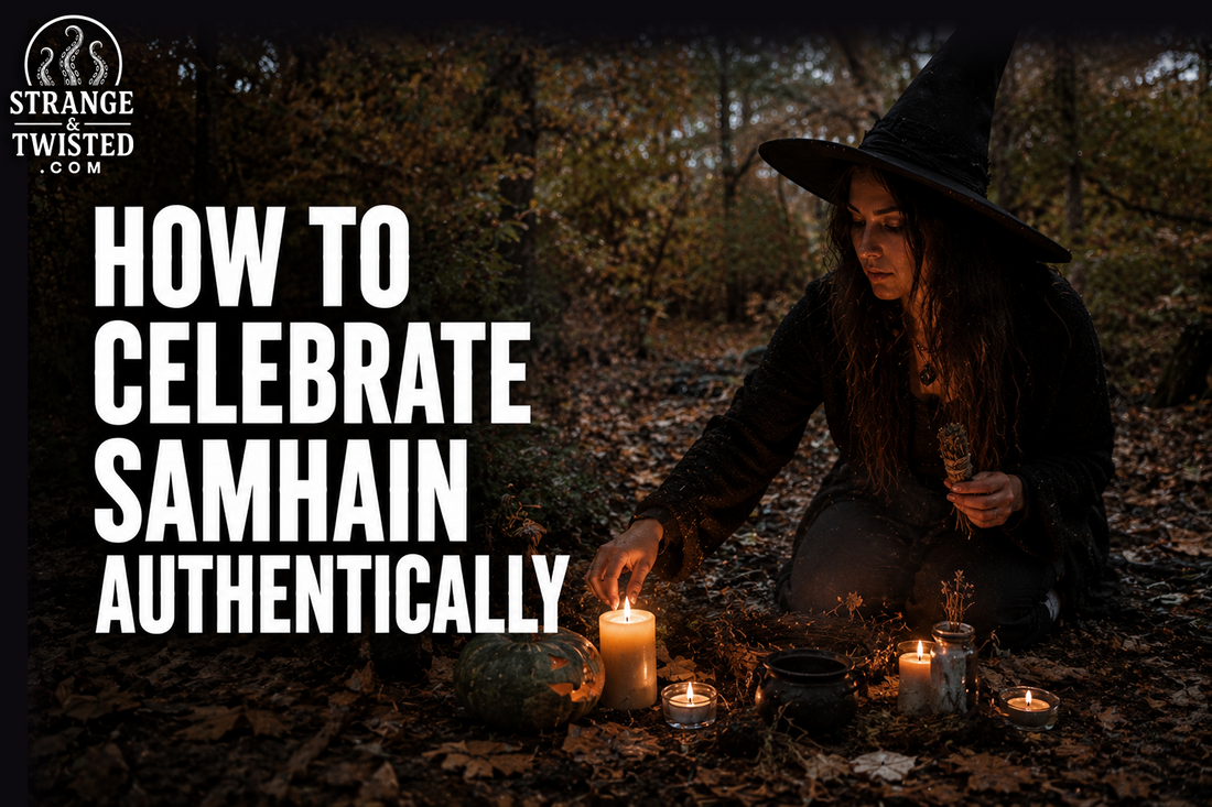 Cinematic pagan ritual banner featuring the text “HOW TO CELEBRATE SAMHAIN AUTHENTICALLY” with a realistic witch performing a Samhain ceremony in an autumn forest surrounded by candles and pumpkins.