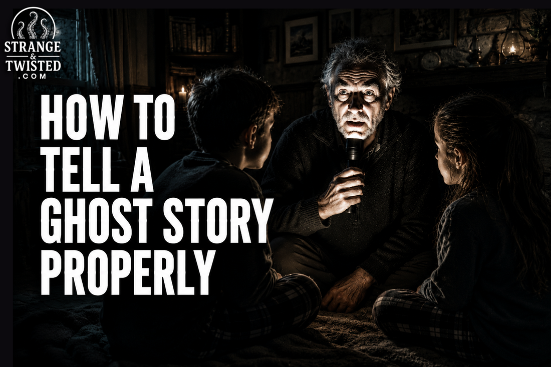 Dark paranormal hero image showing the words “HOW TO TELL A GHOST STORY PROPERLY” beside a realistic storyteller using dramatic torchlight to frighten two children inside a rustic cabin at night.