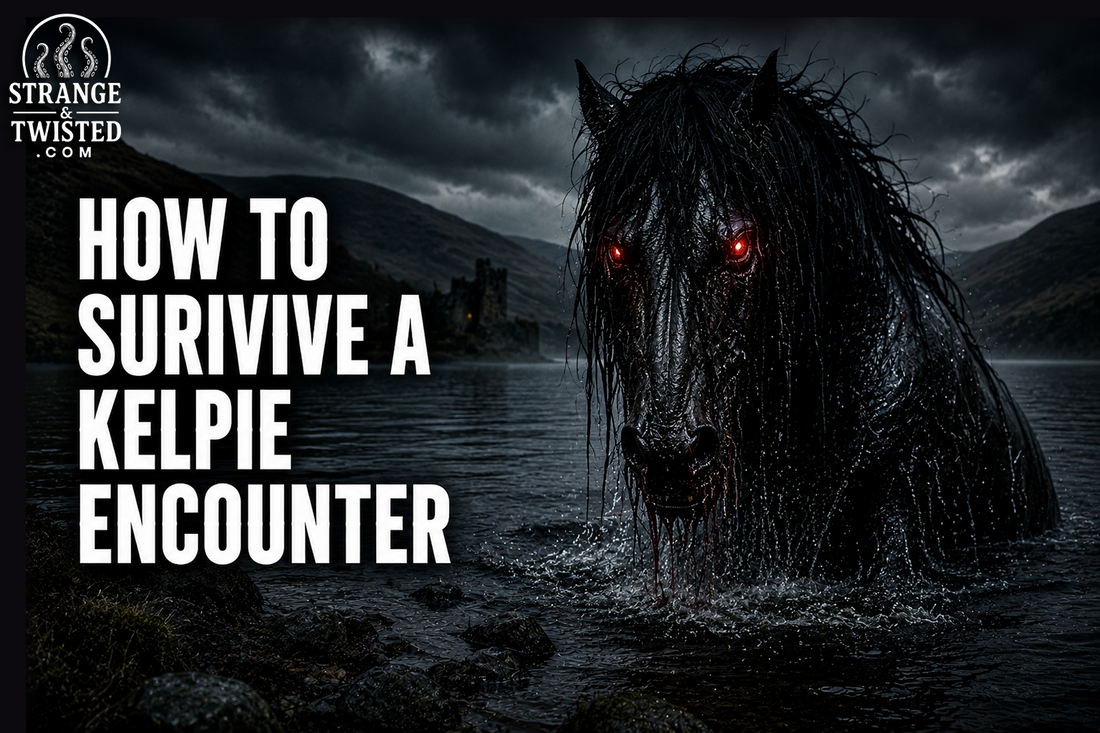 Cinematic Scottish folklore banner featuring the text “HOW TO SURVIVE A KELPIE ENCOUNTER” with a hyper realistic evil Kelpie emerging from a dark stormy loch with glowing red eyes.