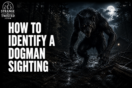 Cinematic cryptid horror banner featuring the text “HOW TO IDENTIFY A DOGMAN SIGHTING” with a hyper realistic Dogman werewolf stalking through a dark moonlit forest.