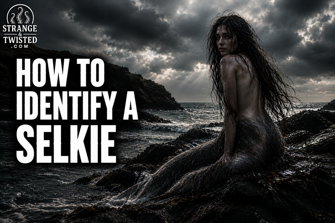 Cinematic Celtic folklore banner featuring the text “HOW TO IDENTIFY A SELKIE” with a hyper realistic Selkie sitting on wet coastal rocks beside a stormy sea under dark clouds.