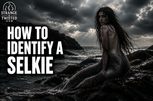 Cinematic Celtic folklore banner featuring the text “HOW TO IDENTIFY A SELKIE” with a hyper realistic Selkie sitting on wet coastal rocks beside a stormy sea under dark clouds.