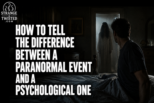 Cinematic paranormal horror banner featuring the text “HOW TO TELL THE DIFFERENCE BETWEEN A PARANORMAL EVENT AND A PSYCHOLOGICAL ONE” with a terrified man encountering a ghostly apparition inside a dark realistic bedroom.