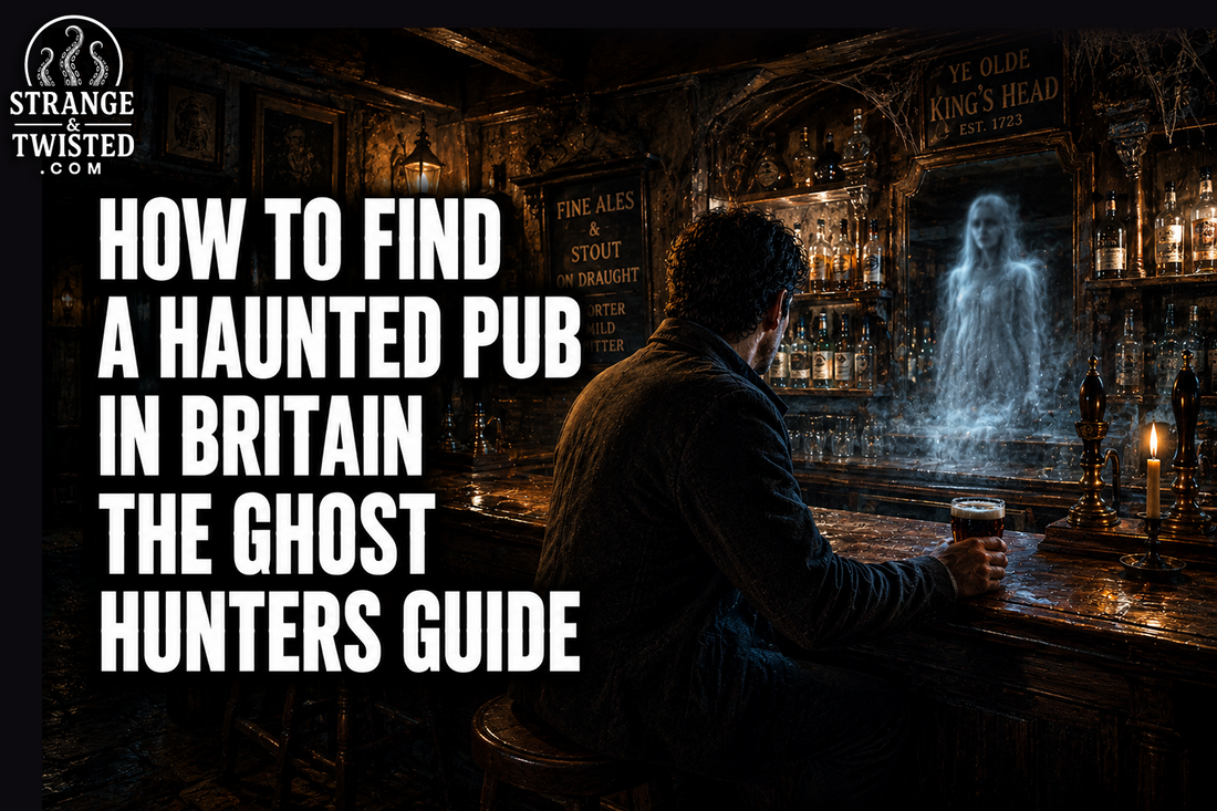 Cinematic paranormal pub banner featuring the text “HOW TO FIND A HAUNTED PUB IN BRITAIN THE GHOST HUNTERS GUIDE” with a hyper realistic man inside an old British inn encountering a glowing ghost behind the bar.