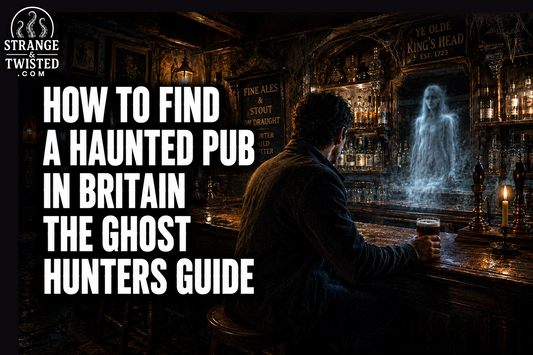 Cinematic paranormal pub banner featuring the text “HOW TO FIND A HAUNTED PUB IN BRITAIN THE GHOST HUNTERS GUIDE” with a hyper realistic man inside an old British inn encountering a glowing ghost behind the bar.