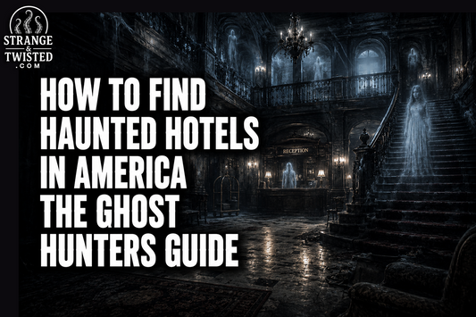 Cinematic paranormal travel banner featuring the text “HOW TO FIND HAUNTED HOTELS IN AMERICA THE GHOST HUNTERS GUIDE” with a hyper realistic haunted hotel lobby filled with glowing ghost apparitions and eerie blue mist.