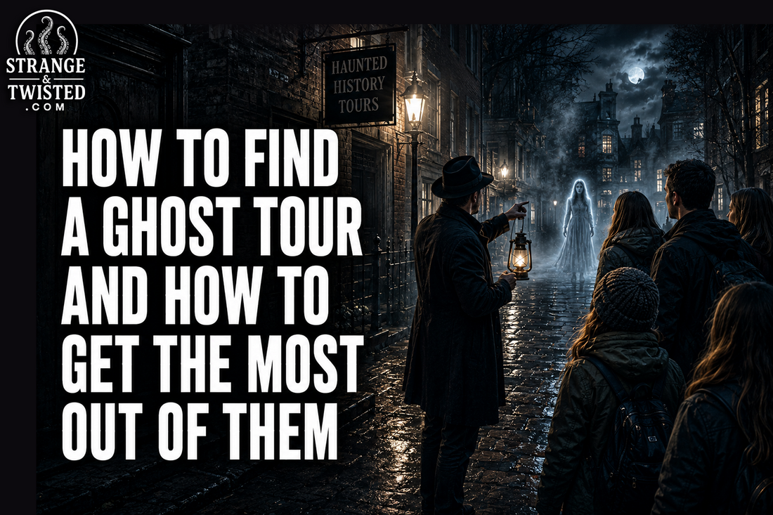 Cinematic paranormal travel banner featuring the text “HOW TO FIND A GHOST TOUR AND HOW TO GET THE MOST OUT OF THEM” with a realistic ghost tour group exploring a foggy haunted alley beside a ghostly apparition.