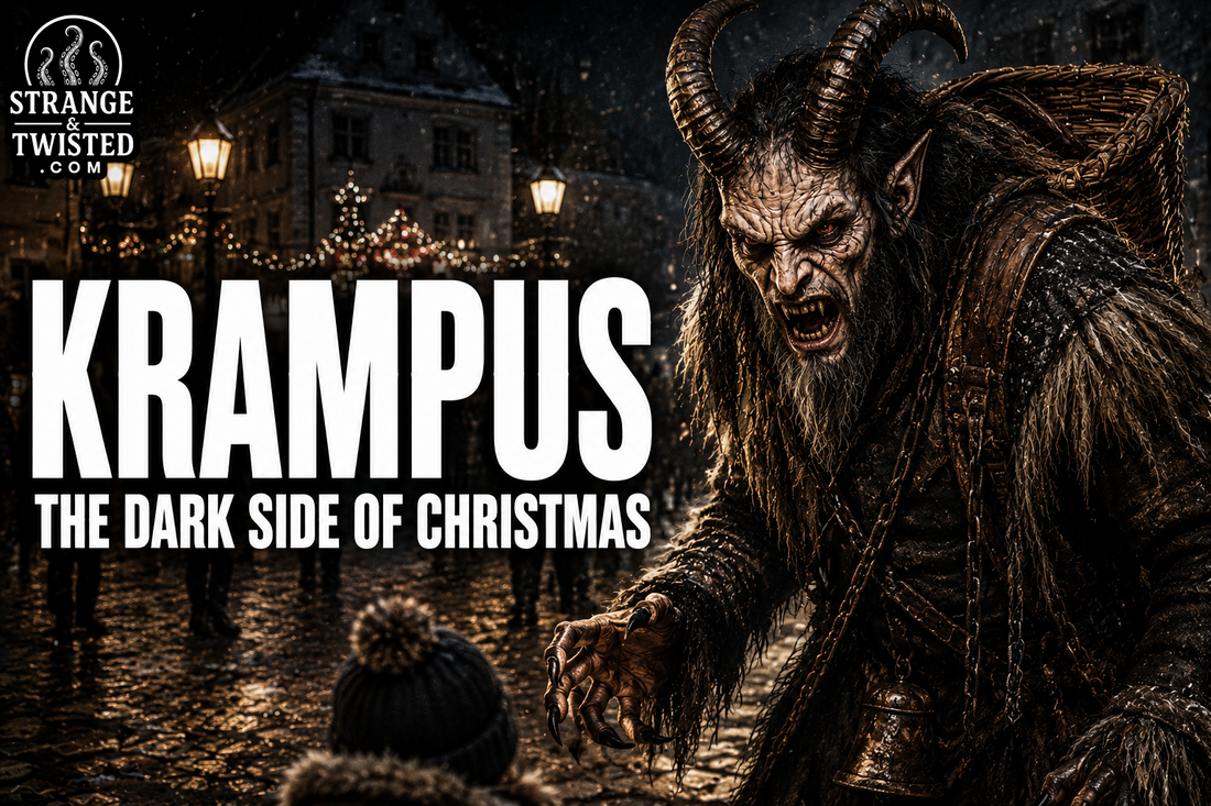 Dark folklore hero image showing the words “KRAMPUS THE DARK SIDE OF CHRISTMAS” beside a realistic Krampus creature looming over a Christmas market at night with holiday lights, snow, and sinister winter atmosphere. Strange & Twisted