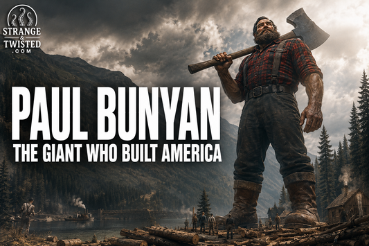 Cinematic American folklore banner featuring the text “PAUL BUNYAN THE GIANT WHO BUILT AMERICA” with a hyper realistic giant Paul Bunyan towering over a logging camp, mountains, forests, and early American settlers.
