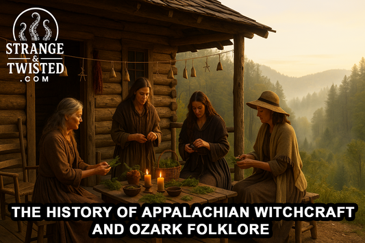 Four witches prepare herbs and charm bags on a log cabin porch at sunrise in the misty Appalachian Mountains. By Strange & Twisted