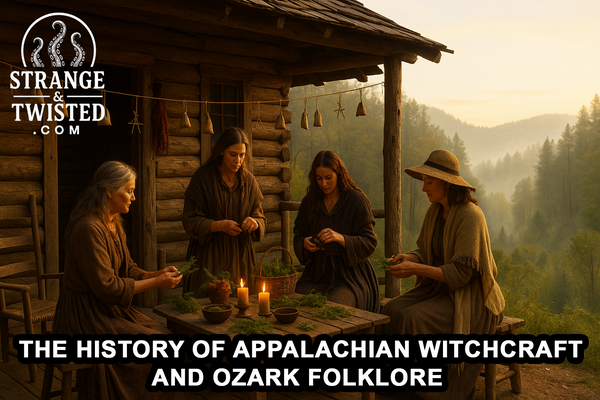Four witches prepare herbs and charm bags on a log cabin porch at sunrise in the misty Appalachian Mountains. By Strange & Twisted