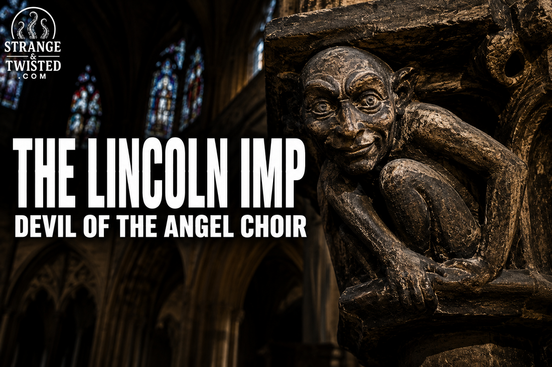 ark medieval legend hero image showing the words “THE LINCOLN IMP DEVIL OF THE ANGEL CHOIR” beside the famous stone imp of Lincoln Cathedral in a dramatic gothic cathedral interior.