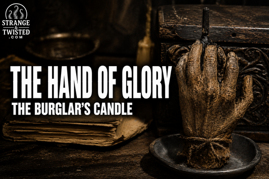 Cinematic occult folklore banner featuring the text “THE HAND OF GLORY THE BURGLAR’S CANDLE” with a hyper realistic Hand of Glory displayed on an antique table surrounded by old books, relics, and candlelit shadows. Strange & Twisted