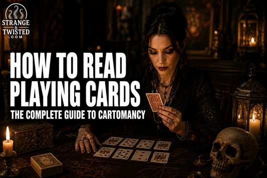 Cinematic cartomancy banner featuring the text “HOW TO READ PLAYING CARDS THE COMPLETE GUIDE TO CARTOMANCY” with a hyper realistic fortune teller reading playing cards by candlelight in a gothic occult setting. Strange & Twisted