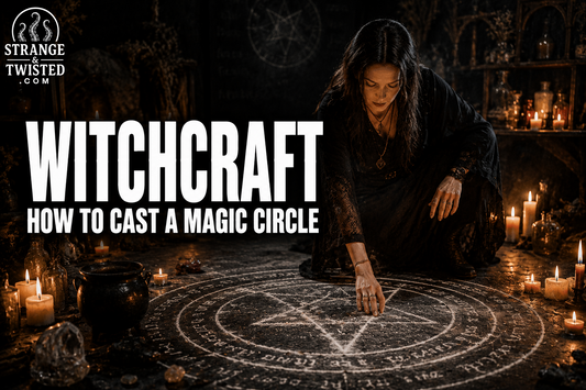 Dark occult hero image showing the words “WITCHCRAFT HOW TO CAST A MAGIC CIRCLE” beside a realistic witch performing a magic circle ritual on a wooden floor illuminated by candlelight and mystical symbols. Strange & Twisted