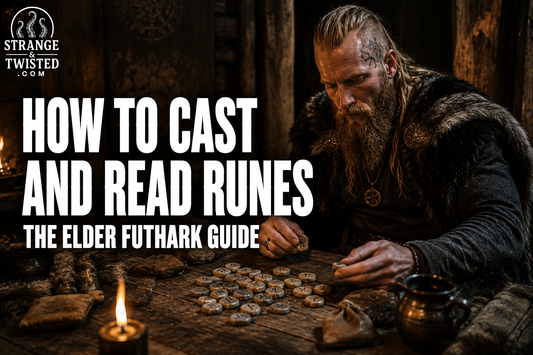 Cinematic Norse mythology banner featuring the text “HOW TO CAST AND READ RUNES THE ELDER FUTHARK GUIDE” with a hyper realistic Nordic man studying and casting rune stones by candlelight in a Viking-era setting. Strange & Twisted