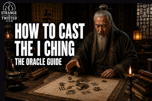 Cinematic divination banner featuring the text “HOW TO CAST THE I CHING THE ORACLE GUIDE” with a hyper realistic ancient Chinese sage casting the I Ching using traditional coins in a candlelit study.