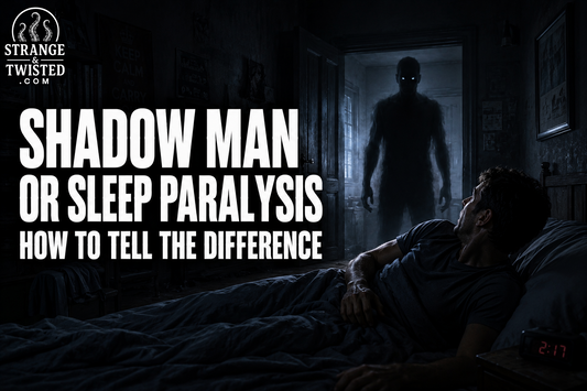 Cinematic paranormal horror banner featuring the text “SHADOW MAN OR SLEEP PARALYSIS HOW TO TELL THE DIFFERENCE” with a terrified man awake in bed while a dark shadow figure stands in the doorway of a realistic bedroom. Strange & Twisted