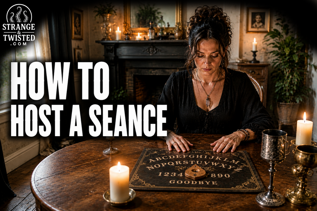 Photorealistic spiritualism artwork featuring the text “HOW TO HOST A SEANCE” with a woman conducting a traditional séance using an Ouija board at a candlelit table in a mysterious Victorian setting. A Strange & Twisted how-to guide.