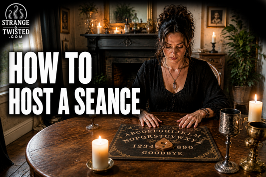 Photorealistic spiritualism artwork featuring the text “HOW TO HOST A SEANCE” with a woman conducting a traditional séance using an Ouija board at a candlelit table in a mysterious Victorian setting. A Strange & Twisted how-to guide.