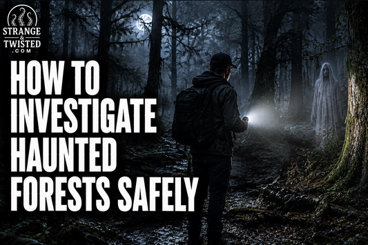 Dark supernatural artwork featuring the text “HOW TO INVESTIGATE HAUNTED FORESTS SAFELY” with a man carrying a torch through an eerie haunted forest as a spectral ghost appears among the trees. A Strange & Twisted how-to guide.