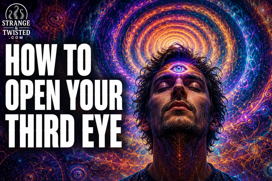 “HOW TO OPEN YOUR THIRD EYE” Strange & Twisted hero image showing a man with a third eye on his forehead against a vivid psychedelic spiral, cosmic patterns and visionary symbolism.