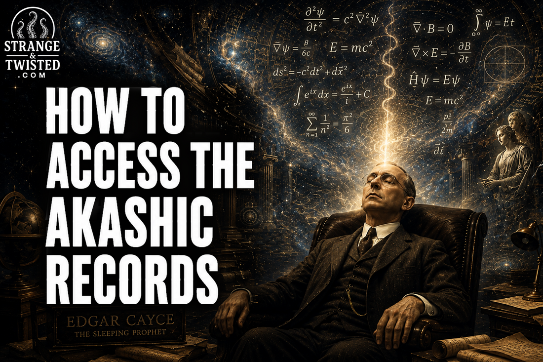 Strange & Twisted paranormal guide artwork featuring the text “HOW TO ACCESS THE AKASHIC RECORDS” with Edgar Cayce accessing a mysterious cosmic realm filled with ancient knowledge, equations and celestial imagery.