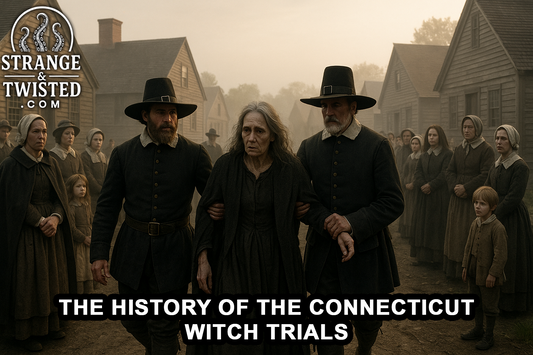 Puritan officials escort a distressed woman accused of witchcraft through a misty 17th-century Hartford village as townspeople watch. By Strange & Twisted