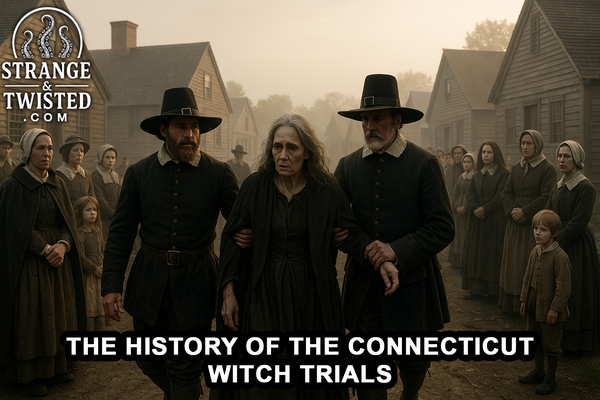 Puritan officials escort a distressed woman accused of witchcraft through a misty 17th-century Hartford village as townspeople watch. By Strange & Twisted