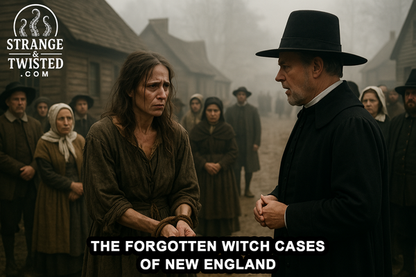 A bound woman faces a stern Puritan clergyman in a foggy 17th-century New England village as townspeople look on. By Strange & Twisted