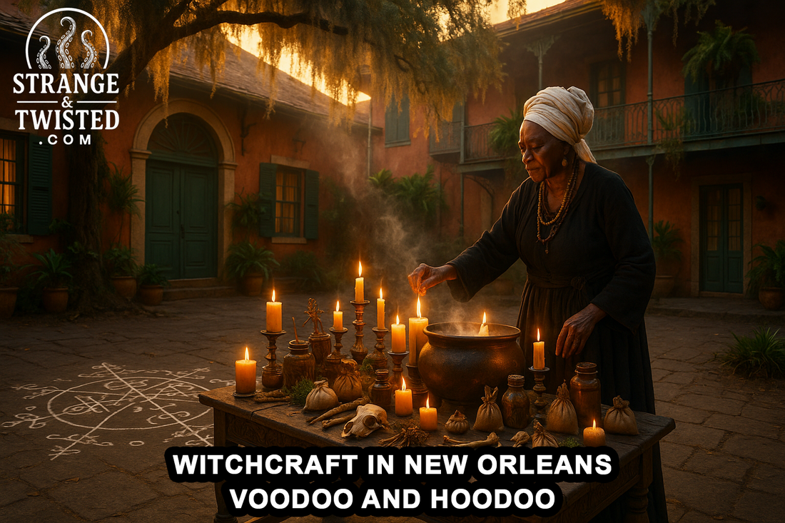A Voodoo practitioner lights candles on a ritual table in a warm New Orleans courtyard at sunset, surrounded by veve symbols and moss-covered trees. By Strange & Twisted