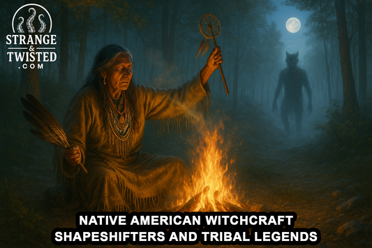 A Native American shaman performs a ritual beside a fire in a moonlit forest while a shadowy shapeshifter figure watches from the mist. By Strange & Twisted