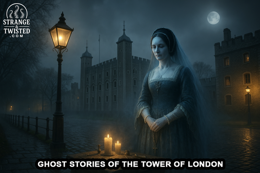 The ghost of Anne Boleyn stands in front of the Tower of London under moonlight, illuminated softly by lanterns and candles. By Strange & Twisted